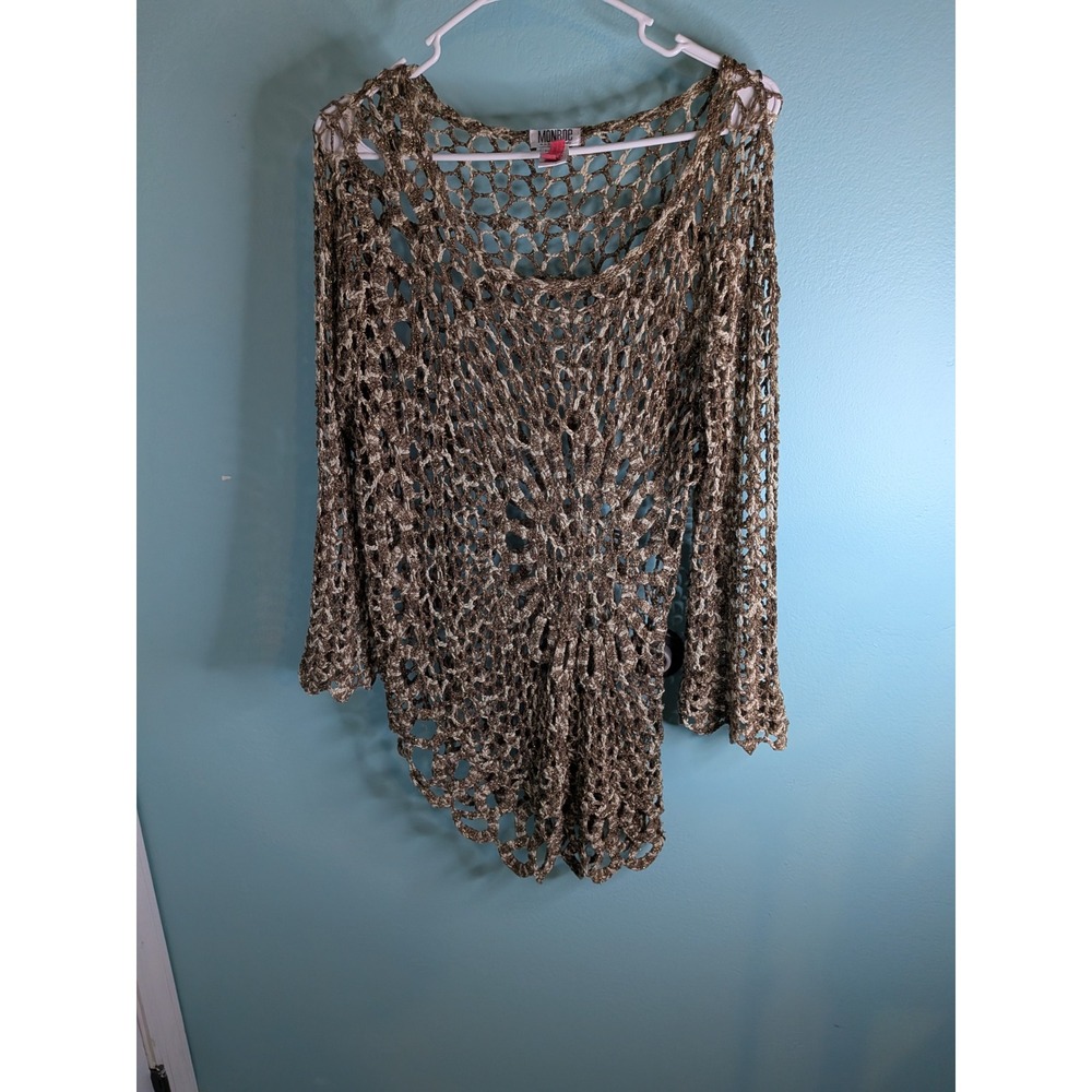 Monroe and Main Womens XL Brown Metallic Crochet Open Knit Spiderweb Top Boho
